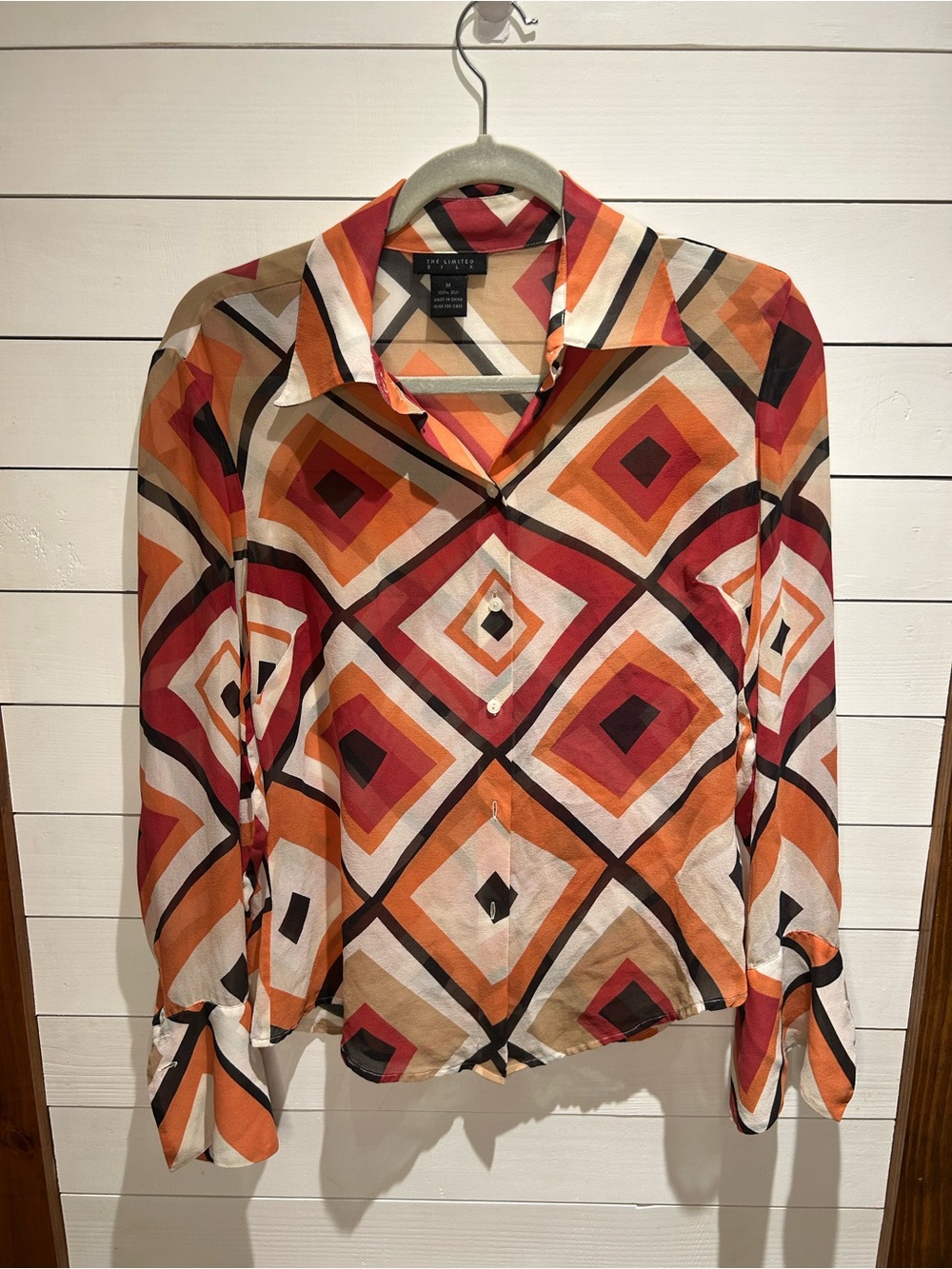 The Limited 100% Silk Geometric Blouse Medium Retro 70s Y2K Button Down